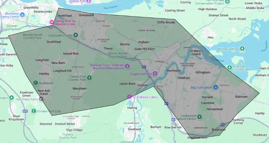 Coverage map Map showing outlined areas with geographic markers and routes between locations. Tidy Gardening and Keep It Clean area's covered