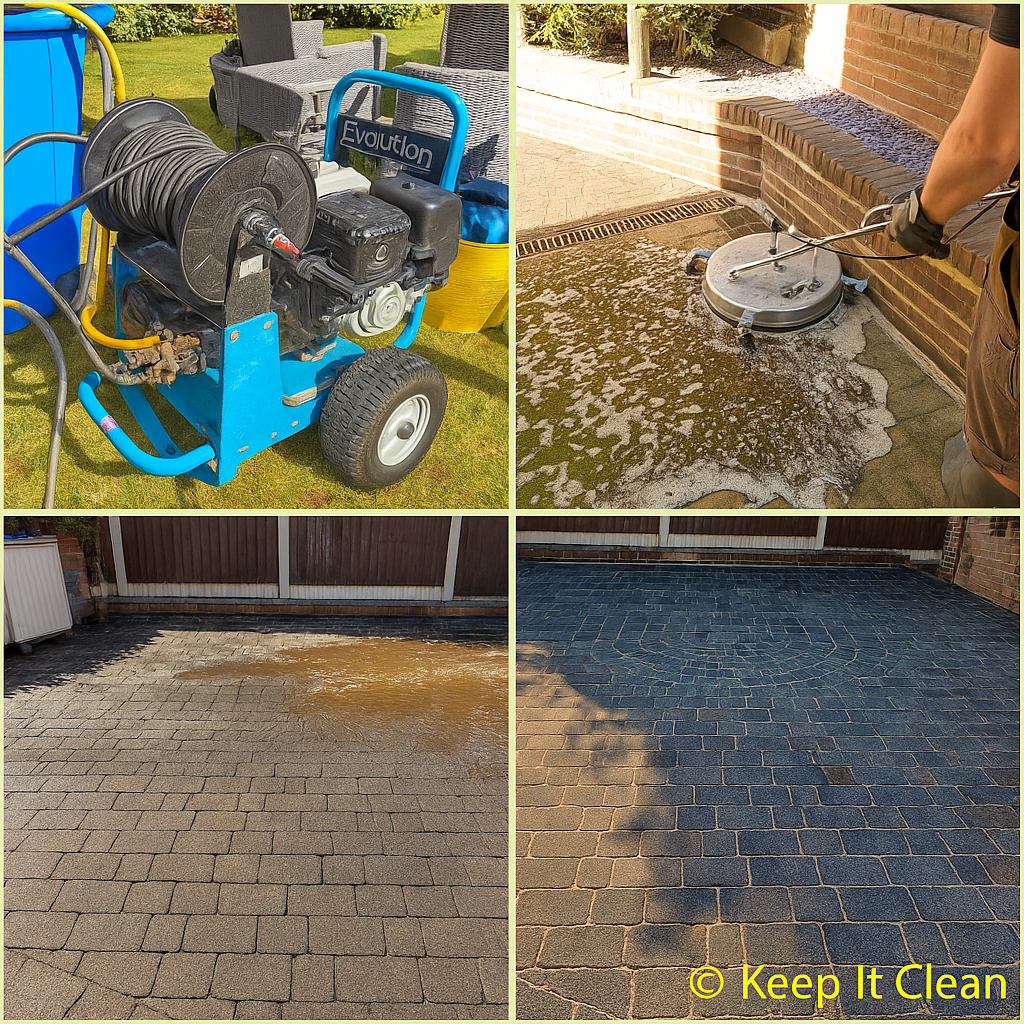 Pressure washer and cleaning process on paved surface; before and after comparison.